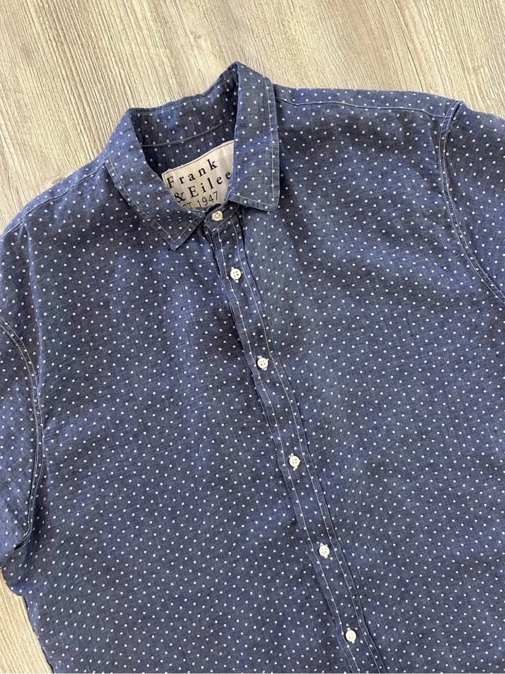Frank & Eileen Men’s XXL Blue Polka Dot 100% Linen Short-Sleeve Button-Up Shirt
